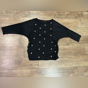 Coldwater Creek top black gold metallic embroidery round raglan sleeve  size S